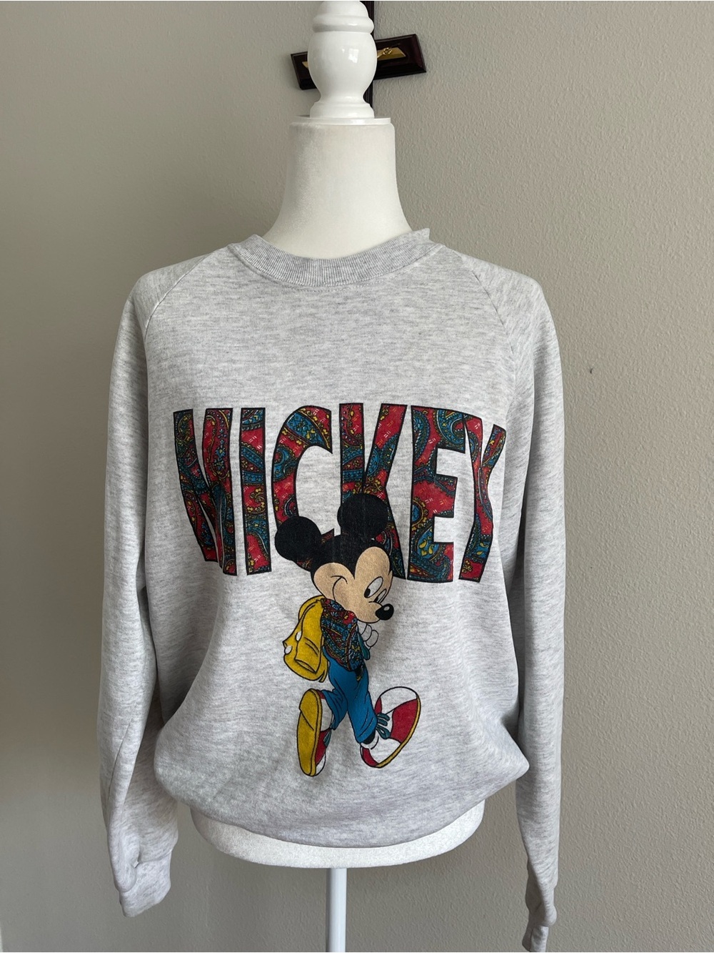 Jerzees Light Gray 90’s Mickey Graphic Crewneck with Multicolor Print